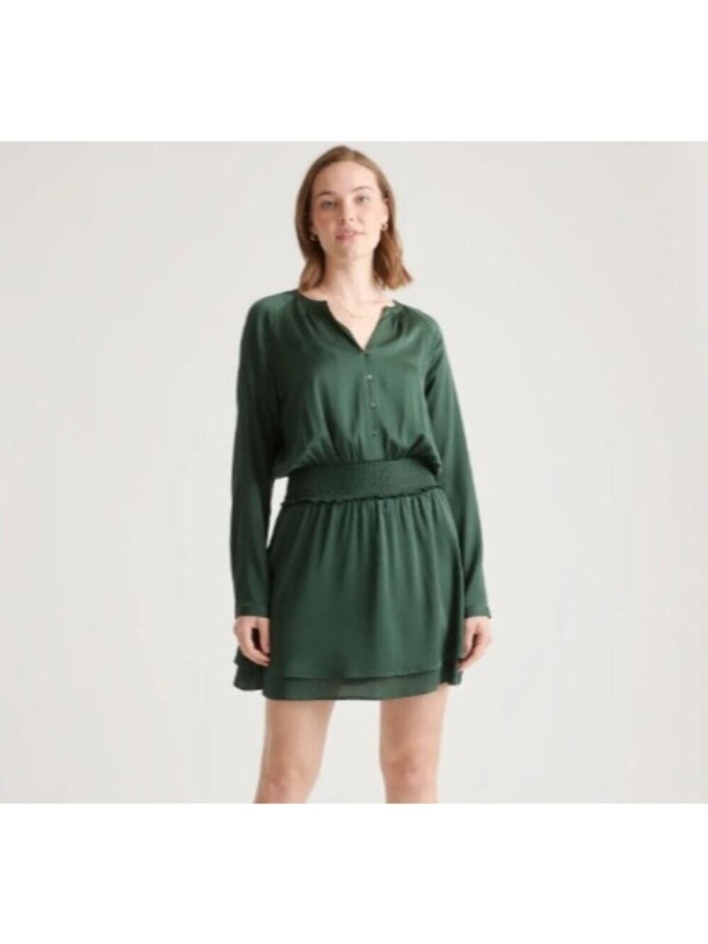 Quince Washable Stretch Silk Tiered Mini Dress Forest Green size L Long Sleeve